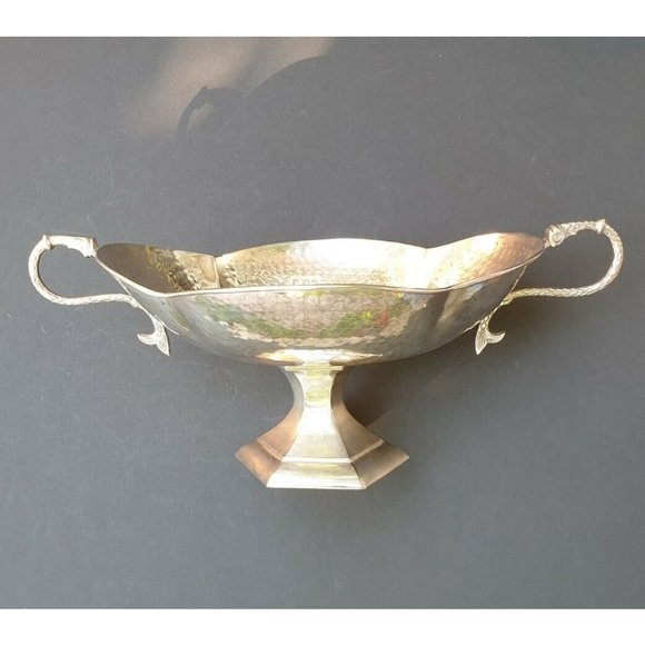 Aluminum Bowl Hammered Pedestal Serpent Handles Buffet Serving Platter - Picture 5 of 12